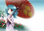  aqua_eyes aqua_hair blue_eyes blue_hair bush colored_eyelashes flower heterochromia japanese_clothes kimono koha obi oriental_umbrella red_eyes sash short_hair solo tatara_kogasa touhou tree umbrella 