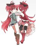  bad_id bad_pixiv_id bare_shoulders black_legwear book detached_sleeves dual_persona food hands_on_shoulders hood hoodie long_hair magical_girl mahou_shoujo_madoka_magica multiple_girls pocky pocky_kiss ponytail red_eyes red_hair sakura_kyouko shared_food shorts simple_background thighhighs wada_aruko 