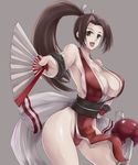  bare_shoulders breasts brown_eyes brown_hair cleavage dtcy fan fatal_fury folding_fan japanese_clothes large_breasts long_hair panties pelvic_curtain ponytail revealing_clothes shiranui_mai side_slit solo the_king_of_fighters underwear 