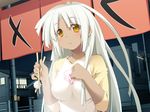  chopsticks dark_skin design eating exterior golden_eyes lily_hayasaka looking_at_viewer ramen_shop sign translated tsuki_to_mahou_to_taiyou_to white_hair 