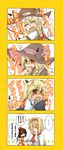  4koma alice_margatroid animal_ears black_dress blonde_hair blush bow braid brown_dress capelet comic detached_sleeves dog_ears dog_tail dress ear_twitch ears_down eyewear_removed face glasses hair_bow hair_tubes hairband hakurei_reimu hat highres kemonomimi_mode kirisame_marisa multiple_girls nose_pinch open_mouth pose red_dress smile tail tears touhou translated yuuta_(monochrome) 