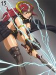 armor breasts claudette_(queen's_blade) cleavage gloves green_eyes helmet highres large_breasts lightning nigou open_mouth queen's_blade red_hair solo sword thighhighs weapon 