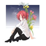  aozaki_touko artist_request chibi cigarette closed_eyes flower kara_no_kyoukai ponytail red_hair sitting sleeves_rolled_up solo 