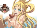  1boy 1girl blonde_hair breasts bukkake censored cum cum_on_body earrings facial handjob hat hetero highres jewelry large_breasts long_hair mermaid monster_girl nipples one_piece penis saykay shirahoshi straight tongue tongue_out vander_decken_ix 