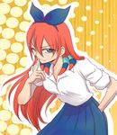  finger_to_mouth green_eyes hair_ribbon hand_in_pocket highres inazuma_eleven_(series) inazuma_eleven_go long_hair one_eye_closed raccco red_hair ribbon school_uniform seto_midori sleeves_rolled_up solo 