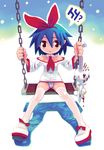  blue_hair bunny disgaea nomura_ryouji panchira pantsu pleinair red_eyes ribbon short_hair stuffed_animal thighhighs usagi-san 