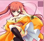  blush boots copyright_request fishnets japanese_clothes kimono red_hair shiwo solo twintails 