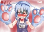  animal_ears blue_hair blush cat_ears collar embarrassed gloves kemonomimi_mode one-piece_swimsuit paw_gloves paws recording red_eyes remilia_scarlet school_swimsuit short_hair solo swimsuit takorice tears touhou upper_body wavy_mouth 