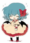  ^_^ bad_id bad_pixiv_id bat_wings blue_hair blush bow chibi closed_eyes dress fang hair_bow happy haru_(kyou) musical_note no_hat no_headwear open_mouth pink_dress remilia_scarlet short_hair smile solo touhou wings 
