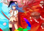  adapted_costume bare_shoulders blue_hair chain collar food fruit hat hinanawi_tenshi keystone light_smile long_hair midriff nanahara_fuyuki navel one_eye_closed open_clothes open_shorts peach red_eyes rock rope shide shimenawa short_shorts shorts solo sword torn_clothes touhou weapon 