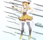  bad_id bad_pixiv_id beret blonde_hair blurry boots brown_legwear corset depth_of_field detached_sleeves drill_hair fate/stay_night fate_(series) floating full_body gate_of_babylon gun hair_ornament hairpin hat long_hair magical_musket mahou_shoujo_madoka_magica masamuuu outstretched_arms perspective pleated_skirt puffy_short_sleeves puffy_sleeves short_sleeves simple_background skirt solo striped striped_legwear telekinesis thighhighs tomoe_mami twin_drills twintails vertical-striped_legwear vertical_stripes weapon yellow_eyes zettai_ryouiki 