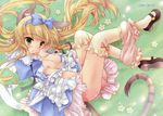  animal_ears blonde_hair blush bow cat_ears cat_tail dress green_eyes highres hotei_kazuha long_hair lying nipples open_clothes open_dress skirt solo tail thighhighs 