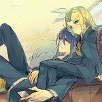  1girl age_difference bad_id bad_pixiv_id blonde_hair blue_eyes blush bow cellphone couch couple fingernails formal frown hagi_(artist) hair_bow hair_ornament hairclip height_difference hetero kagamine_rin kamui_gakupo long_hair nail_polish necktie pant_suit phone plant purple_eyes purple_hair short_hair sitting suit vocaloid 