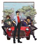  afro black_hair bracelet brown_eyes brown_hair cabbie_hat car city_hunter cowboy_bebop crossover facial_hair formal ground_vehicle hat highres jacket jewelry kaburagi_t_kotetsu male_focus mini_cooper motor_vehicle multiple_boys necktie nira_(niratoro) saeba_ryou spike_spiegel stubble suit tiger_&amp;_bunny vest watch wristwatch 