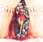  barefoot blonde_hair blood flandre_scarlet hat one_side_up ponytail red_eyes ribbon short_hair skull solo touhou wings yukawa 