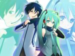  blue_eyes blue_hair detached_sleeves hatsune_miku headset kaito tagme tie twin_tails vocaloid wallpaper 