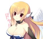  :&gt; angel_wings artist_request astraea blonde_hair breasts cleavage lowres mayachi_(amuriya) red_eyes simple_background smile sora_no_otoshimono wings 