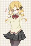 &gt;:) adjusting_eyewear bad_id bad_pixiv_id bespectacled blonde_hair bow checkered checkered_background chico152 drill_hair glasses hair_ornament mahou_shoujo_madoka_magica pantyhose school_uniform skirt smile solo tomoe_mami twin_drills twintails v-shaped_eyebrows yellow_eyes 