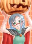  arms_up blue_hair cape green_eyes halloween jack-o&#039;-lantern jailbird megane pumpkin sleeveless sleeveless_turtleneck smile teeth 