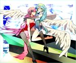  aqua_hair bad_id bad_pixiv_id barefoot elbow_gloves gloves green_hair hatsune_miku high_heels hug ichinose777 kneeling legs long_hair megurine_luka multiple_girls pantyhose pink_hair shoes sitting straddling thigh_straddling twintails very_long_hair vocaloid wings 