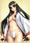  absurdres black_hair breasts eiwa fundoshi highres japanese_clothes katana kimono large_breasts lips long_hair miko navel open_clothes purple_eyes queen's_blade scabbard sheath solo sword tomoe weapon wide_hips 