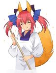  animal_ears apron bad_id bad_pixiv_id blush bow broom closed_eyes fate/extra fate_(series) fox_ears fox_tail hair_bow hair_ribbon izru japanese_clothes kappougi kimono pink_hair ribbon sidelocks solo sparkle tail tamamo_(fate)_(all) tamamo_no_mae_(fate) twintails 