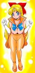  1girl aino_minako aono6go artist_request bishoujo_senshi_sailor_moon blonde_hair blue_eyes blush bow breasts character_request choker elbow_gloves gloves hair_bow large_breasts long_hair nipples pantyhose pussy sailor_venus smile solo takeshi_aono tiara 