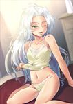  bad_id bad_pixiv_id blush camisole colored_eyelashes flat_chest green_eyes kimoto_kanata long_hair male_focus navel on_floor one_eye_closed original otoko_no_ko panties silver_hair sitting solo underwear wariza 