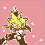  bass_clef blonde_hair boy chibi closed_eyes eyes_closed fringe headset kagamine_len male male_focus microphone necktie pink_background pointing ponytail sailor_collar shorts simple_background singing solo vocaloid 