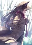  1girl :d animal_ear_fluff animal_ears black_skirt black_thighhighs brown_coat brown_hair can coat commission fox_ears fox_girl fox_tail green_eyes highres long_hair long_sleeves looking_at_viewer miniskirt original pleated_skirt red_scarf scarf shiro_youduki skeb_commission skirt smile tail thighhighs 