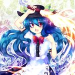  bad_id bad_pixiv_id blue_hair dress food fruit hat highres hinanawi_tenshi long_hair open_mouth peach red_eyes smile solo sword sword_of_hisou touhou uranaishi_(miraura) weapon 