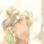  animal_ears blush dog_ears embrace higurashi_kagome hug inuyasha inuyasha_(character) long_hair lowres school_uniform seifuku skirt 