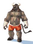  2023 abdominal_scar abs absurd_res anthro arm_wraps biceps body_hair bottomwear bovid bovine braided_hair cattle chest_hair clothed clothing deltoids facial_hair goatee grin hair hi_res hooves horn looking_aside male mammal manly musclegut muscular navel nipples obenpanda pecs scar shorts shorts_only simple_background smile solo standing topless topless_male triceps white_background wraps 