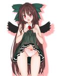  bad_id bad_pixiv_id blush bow breasts brown_hair denpaken_pochi hair_bow highres long_hair medium_breasts nipples open_mouth panties pink_panties red_eyes reiuji_utsuho skirt skirt_lift solo topless touhou underwear very_long_hair wings 