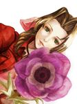  aerith_gainsborough brown_hair dress female final_fantasy final_fantasy_vii flower green_eyes jacket long_hair pink_ribbon plant ribbon rika_(artist) solo white_background 