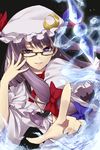  bespectacled bow crescent face fingernails glasses grin hair_bow hands hat kousou long_hair magic patchouli_knowledge pointing purple_eyes purple_hair raised_eyebrow sidelocks smile smirk solo touhou water 