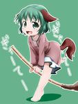  :3 animal_ears bamboo_broom barefoot blush broom dress green_eyes green_hair kasodani_kyouko kusaba_(kusabashiki) leg_up open_mouth short_hair smile solo tail touhou 