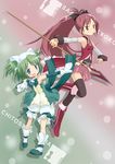  black_legwear blue_eyes boots bow brown_eyes child chitose_yuma food gloves green_hair long_hair magical_girl mahou_shoujo_madoka_magica mahou_shoujo_oriko_magica mouth_hold multiple_girls pocky polearm ponytail red_hair sakura_kyouko short_hair thighhighs ugai_yuichi weapon white_gloves 