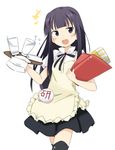  :d apron bangs black_eyes black_hair blunt_bangs cup drinking_glass glass ixy long_hair open_mouth simple_background skirt smile solo thighhighs tray waitress water working!! yamada_aoi zettai_ryouiki 