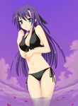  bikini black_bikini blush front-tie_top ginga_nakajima green_eyes long_hair lyrical_nanoha mahou_shoujo_lyrical_nanoha_strikers navel petals purple_hair saki_chisuzu side-tie_bikini solo swimsuit wading water 