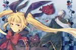  1girl blazblue blonde_hair bow character_name gii grey_hair long_hair nago ponytail rachel_alucard red_bow twintails valkenhayn_r_hellsing yuuka_seisen 