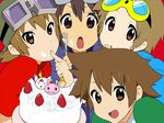  4boys blush brown_eyes brown_hair cake digimon digimon_adventure digimon_adventure_02 digimon_adventures_02 digimon_frontier digimon_tamers food goggles kanbara_takuya matsuda_takato motomiya_daisuke multiple_boys parody red_eyes style_parody yagami_taichi 