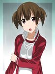  arm_grab brown_eyes brown_hair gym_uniform ikari_manatsu jacket k-on! open_mouth rain round_teeth short_hair short_twintails solo suzuki_jun teeth track_jacket twintails upper_body wet wet_clothes wet_hair 