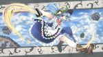  bad_id bad_pixiv_id blue_hair boots dress fire flame food fruit geppewi hat hinanawi_tenshi long_hair outstretched_leg peach red_eyes rock rope shide shimenawa smile solo sword sword_of_hisou touhou weapon 