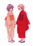  absurdres bag bagged_fish copyright_request fish goldfish highres japanese_clothes kimono multiple_girls ooyari_ashito sandals sash short_hair simple_background 