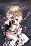  antennae belt blonde_hair blue_eyes bracer breasts dark_skin elbow_gloves fingerless_gloves gloves highres honeycomb_(pattern) honeycomb_background houtengeki medium_breasts midriff naughty_face navel original sitting solo thighhighs tongue 