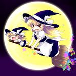  &gt;:) &gt;_&lt; :3 braid broom broom_riding brown_eyes chibi closed_eyes dual_persona fang flying full_moon hat highres kirisame_marisa moon multiple_girls no_nose orange_eyes riding smile star touhou v-shaped_eyebrows witch witch_hat x3 yume_shokunin 