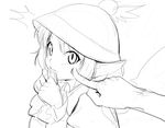  1girl animal_ears bad_id bad_pixiv_id cheek_poking cookie eating face fingers food greyscale hands hat monochrome mystia_lorelei poking shiba_itsuki short_hair simple_background sketch solo touhou white_background wings 