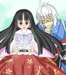  1girl belt black_hair blush bow branch brown_eyes choker frills glasses houraisan_kaguya japanese_clothes jeweled_branch_of_hourai long_hair long_skirt long_sleeves morichika_rinnosuke open_mouth pouch sag_(karehabase) short_hair silver_hair skirt smirk touhou very_long_hair yellow_eyes 