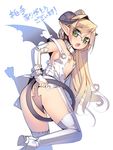  arima_senka ass blonde_hair blush collar demon_girl demon_tail demon_wings fang flat_chest garter_straps green_eyes horns kashiwamochi_yomogi long_hair looking_back open_mouth original pointy_ears solo tail thighhighs translated webclap white_legwear wings 